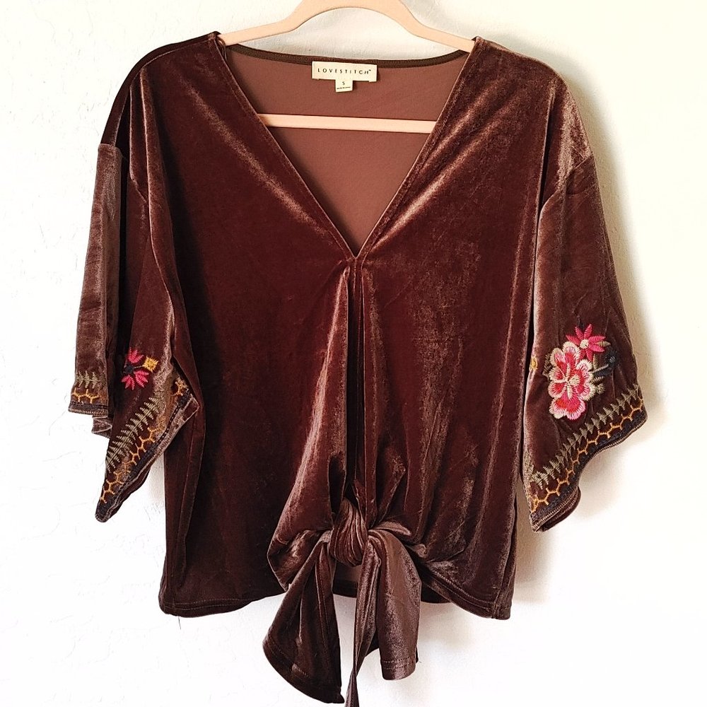 lovestitch Chocolate Brown Velvet Tie-Front Top with Floral Embroidery